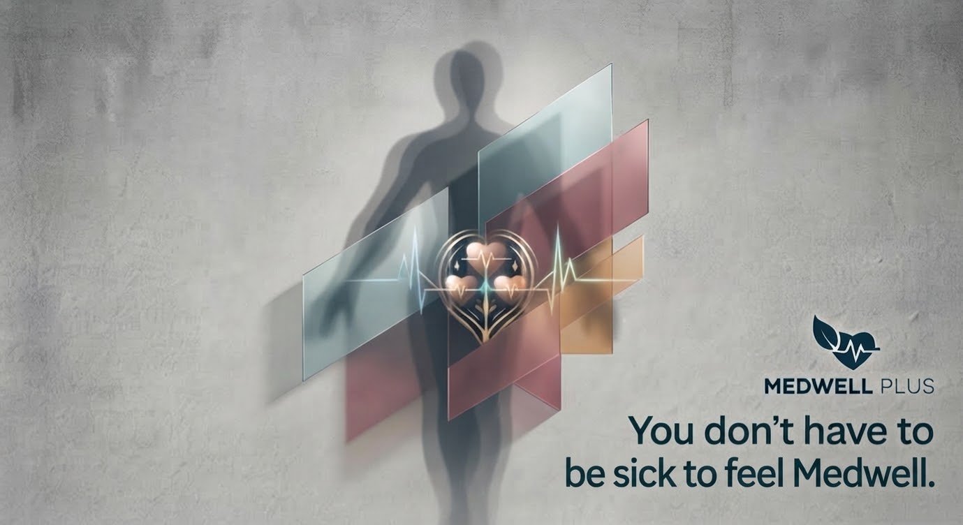 MedWell Plus — You don’t have to be sick to feel MedWell. A human silhouette behind layered glass panels with a heart pulse.