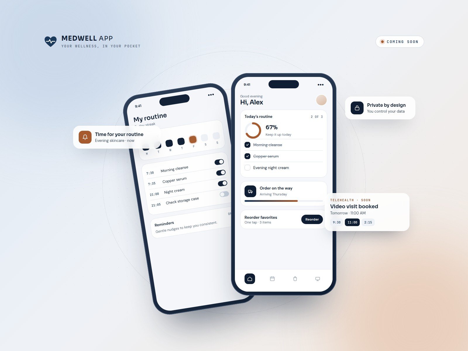 MedWell App preview — routines, reminders, orders and telehealth visits